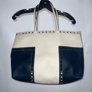 Tory Burch Cream and Navy Perforated Leather Tote
